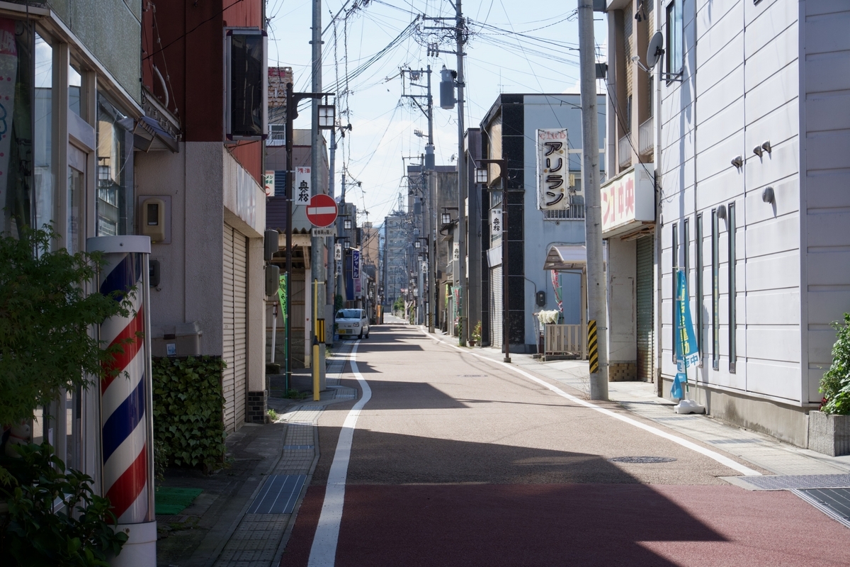十字路から商店街を見る