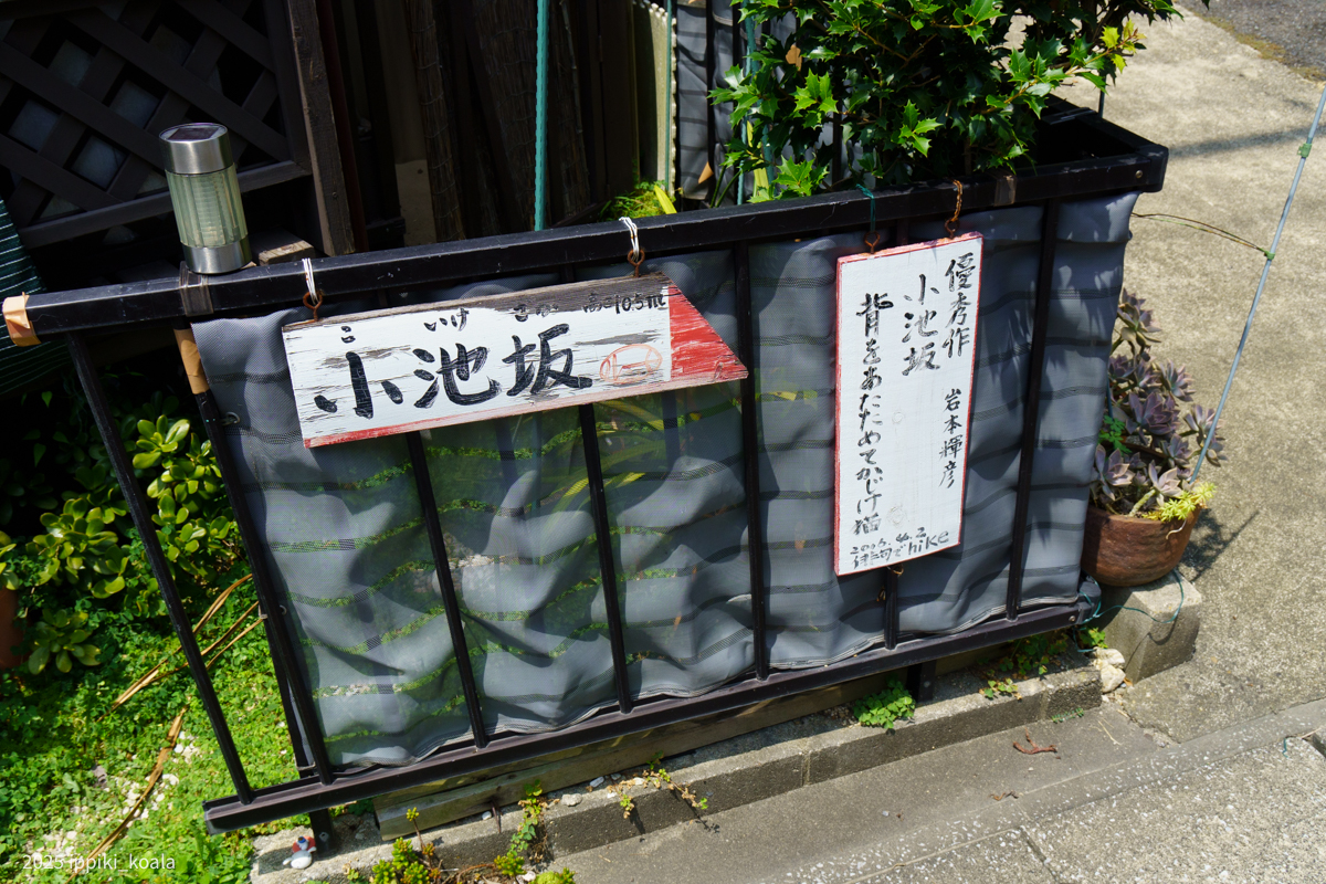 小学校のまわりに坂が密集しており、案内板とともに小学生の俳句が飾られている