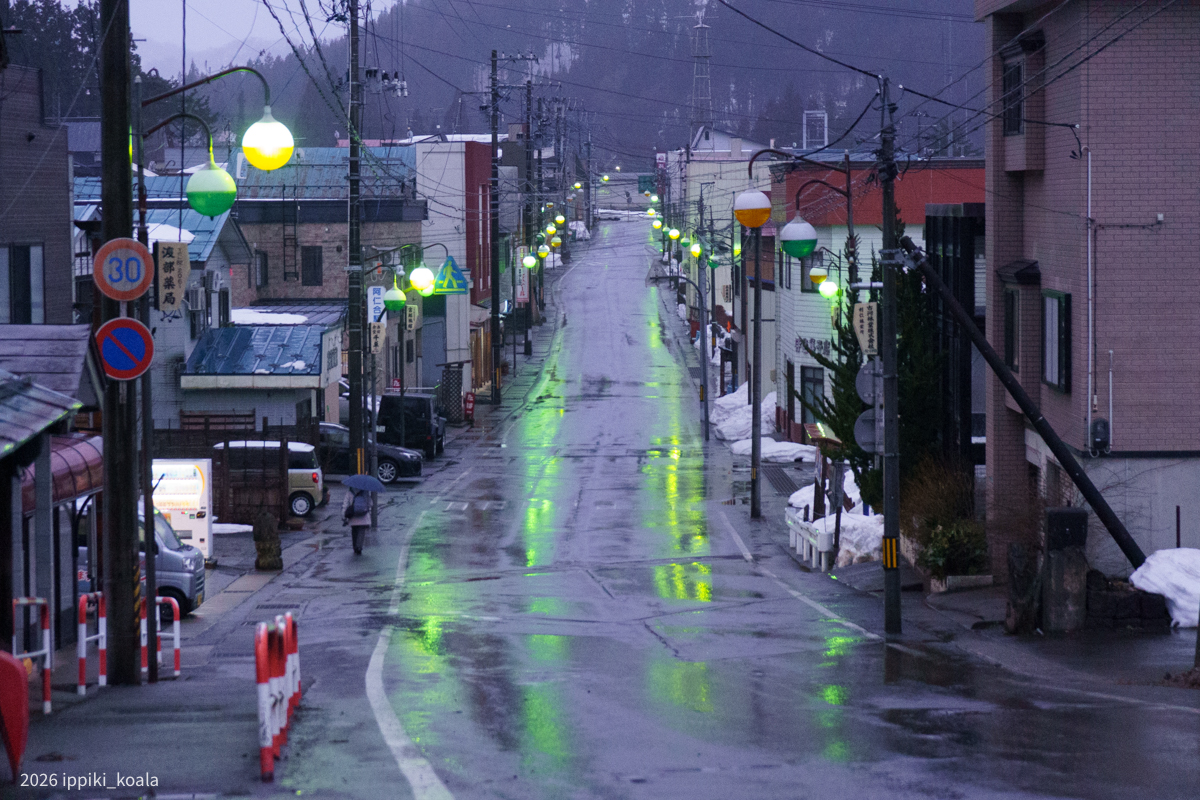 阿仁合の街灯に迎えられる